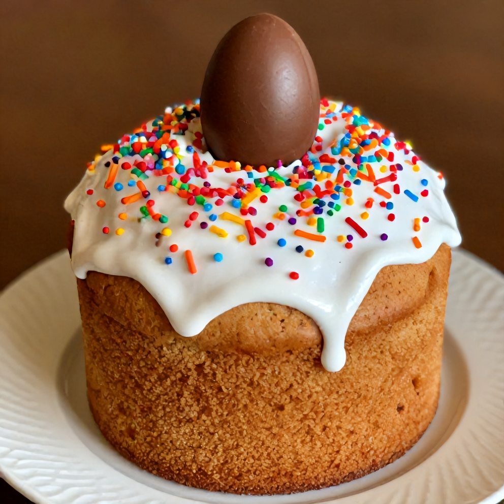 A beautifully decorated Easter poke cake with sprinkles and a chocolate Easter egg on top