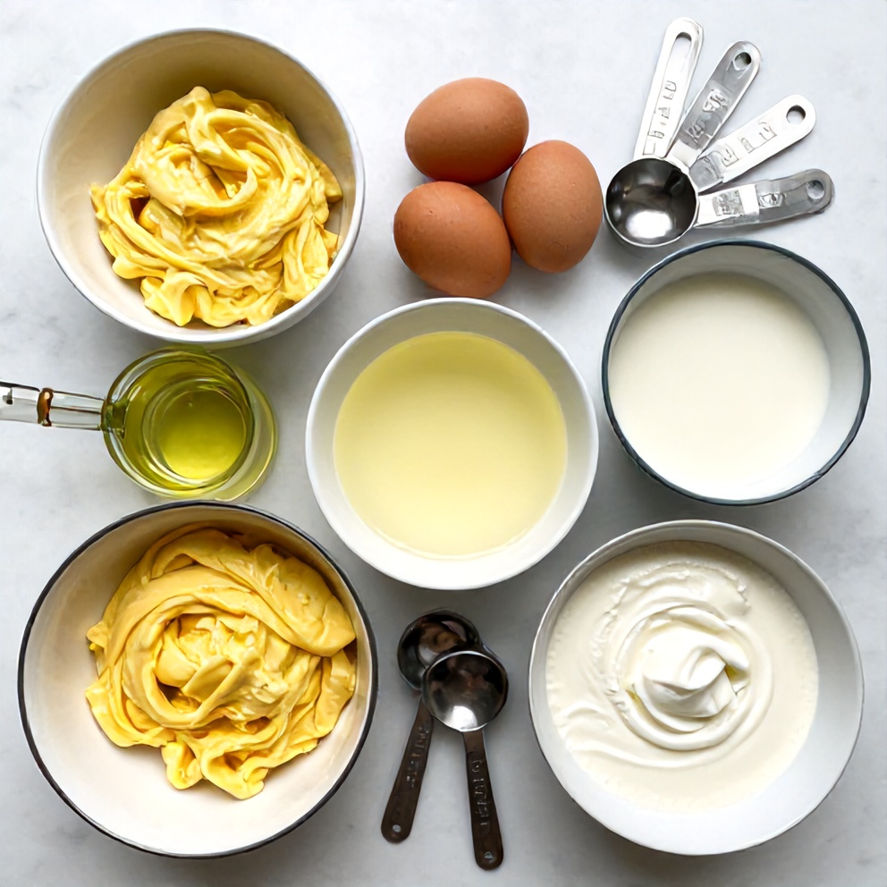 Raw ingredients for a colorful Easter poke cake including flour, sugar, eggs, and vanilla pudding