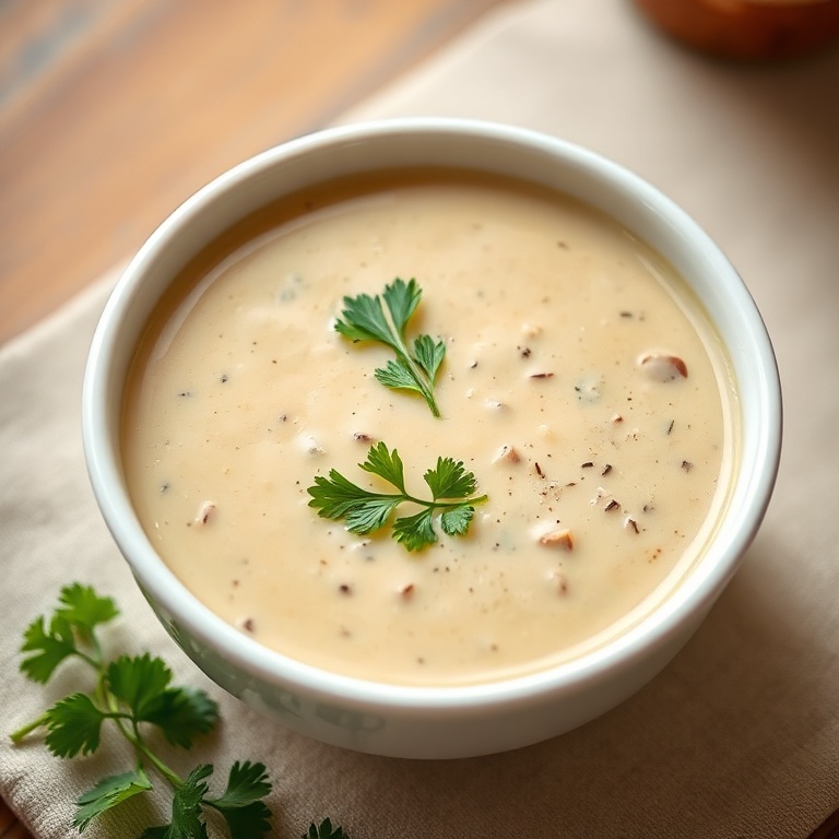 A perfectly plated bowl of cottage cheese mushroom soup with fresh parsley on top