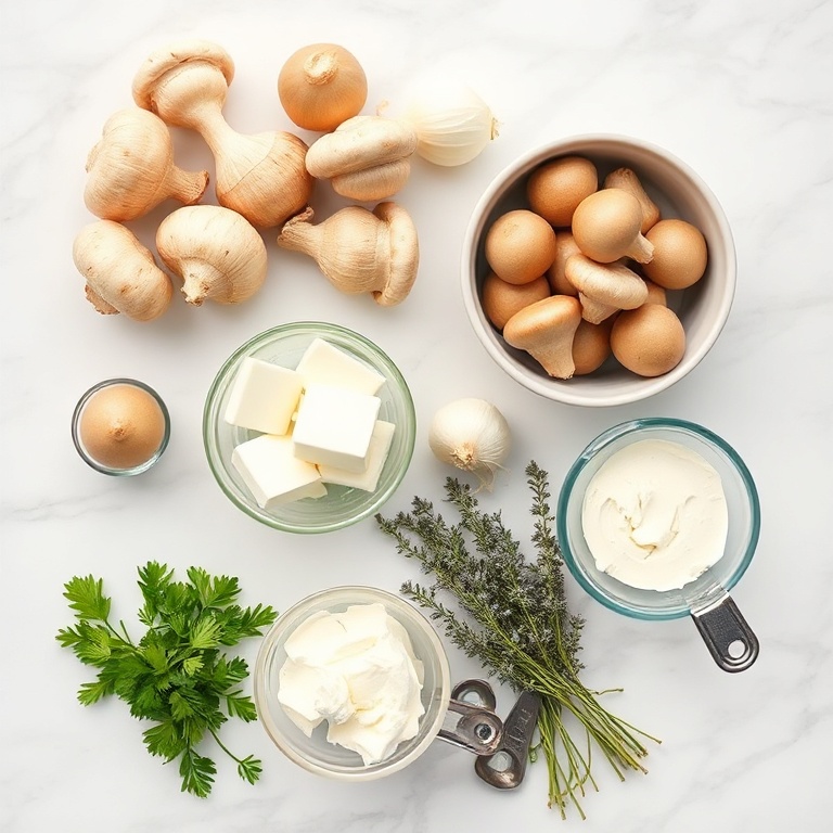 Raw mushrooms, cottage cheese, onions, garlic, and fresh herbs arranged in a flat lay
