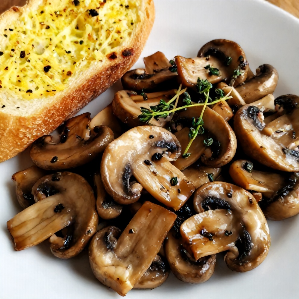 Plated sautéed mushrooms with fresh thyme and a side of garlic bread