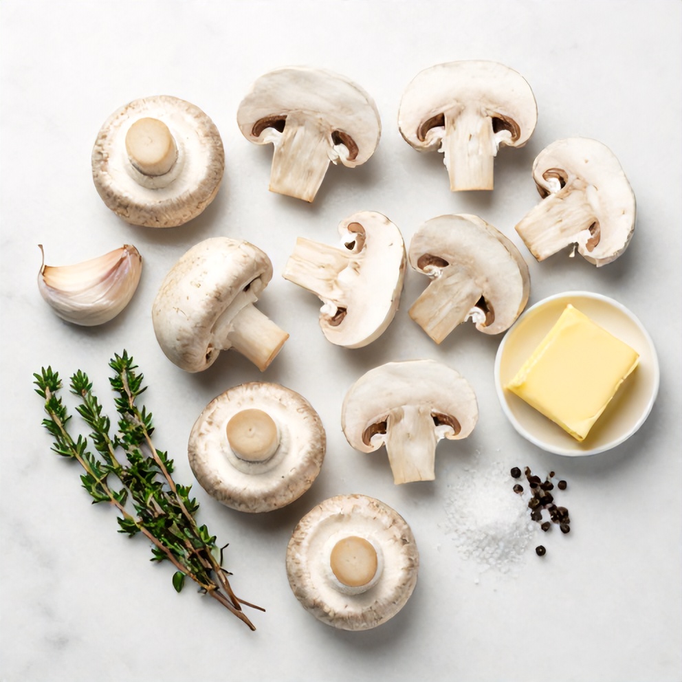 Raw mushrooms, garlic, thyme, butter, salt, and pepper arranged in a flat lay