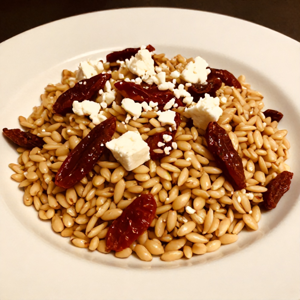 Plated Orzo Salad with Sun-Dried Tomatoes and Feta