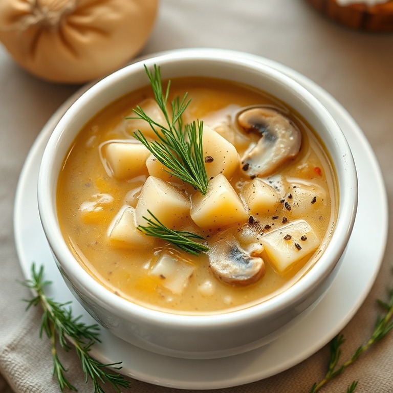 A single serving of Russian potato and mushroom soup in a white ceramic bowl. Topped with fresh dill and a dash of black pepper, the soup has a rich, creamy texture and golden color.