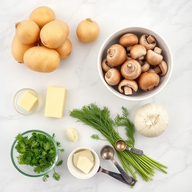 A flat lay of raw ingredients for Russian potato and mushroom soup. Includes potatoes, mushrooms, onion, garlic, butter, and fresh dill. Measuring spoons and bowls are visible on a white marble surface.