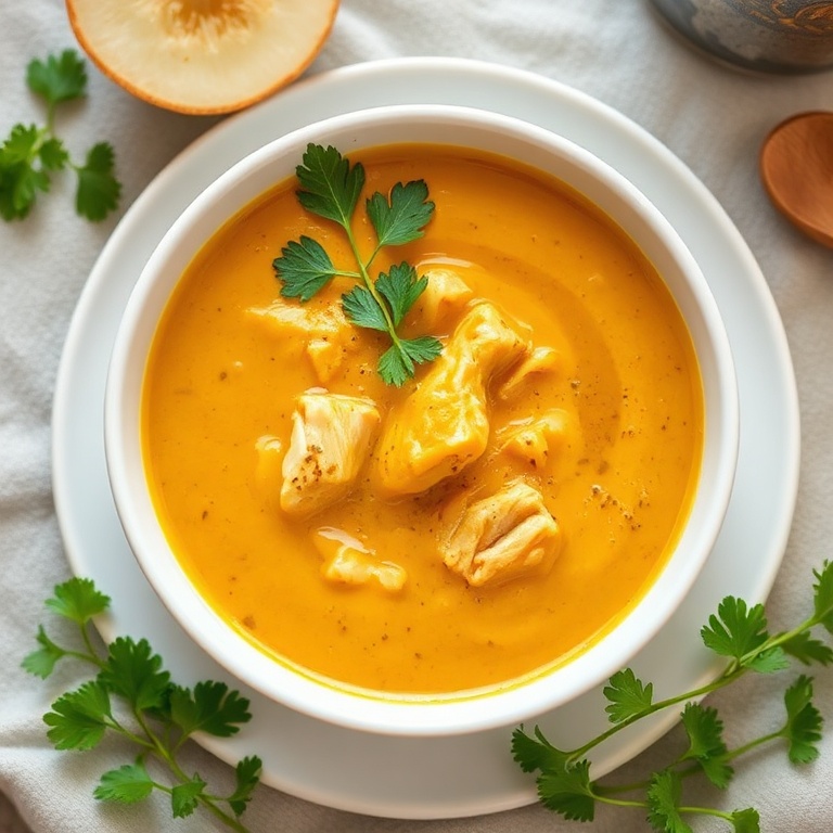 A perfectly plated bowl of cozy turmeric chicken soup. Garnished with fresh parsley and a drizzle of olive oil. A white ceramic bowl shows the rich texture and golden color.