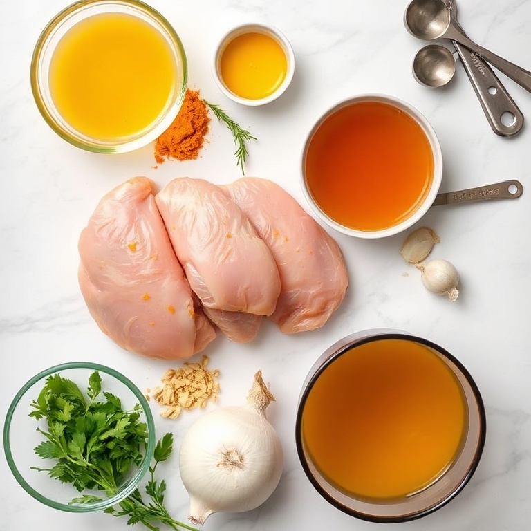 Raw ingredients for cozy turmeric chicken soup. Chicken thighs, turmeric, garlic, onions, and vegetable broth arranged in a flat lay. Measuring spoons and bowls visible on a white marble surface.