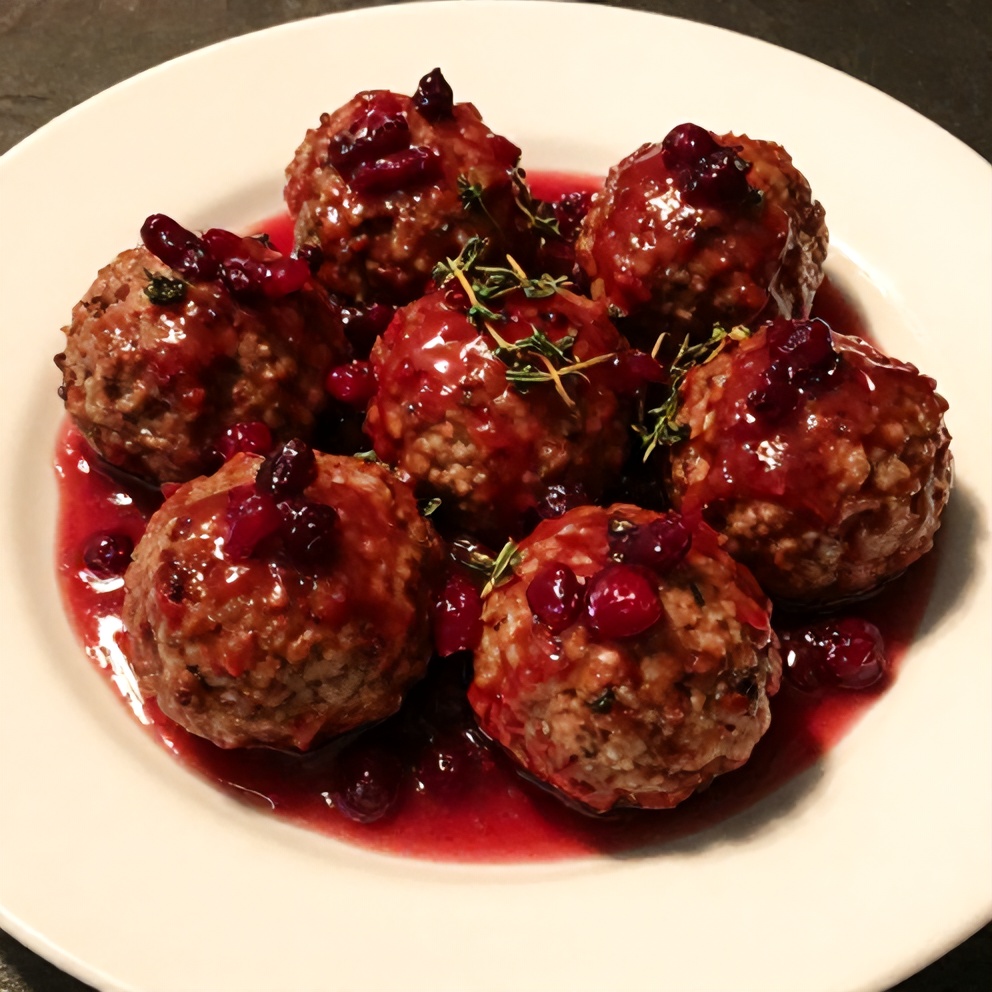 Plated serving of Cranberry Meatballs with a garnish of fresh thyme