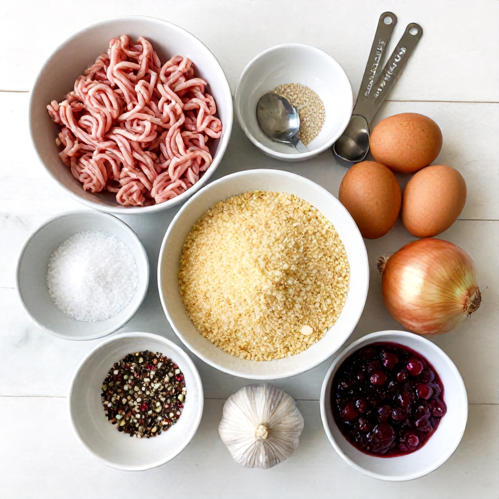 Raw ingredients for Cranberry Meatballs arranged in a flat lay