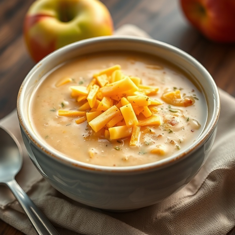 A bowl of creamy apple cheddar soup with cheddar cheese on top. Warm side lighting. Photorealistic food photography. No text. No watermark.