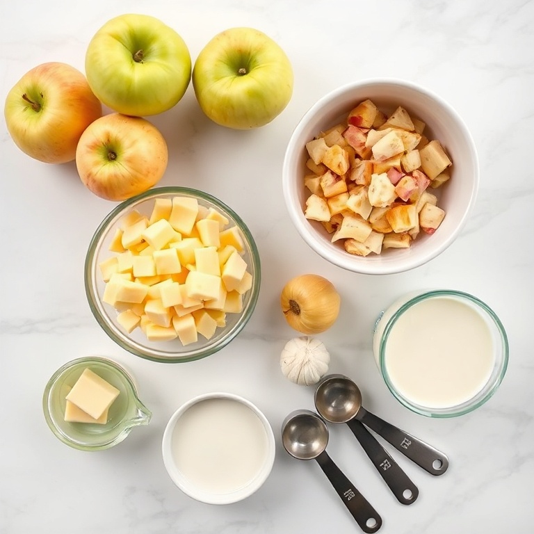 Raw ingredients for apple cheddar soup: apples, cheddar cheese, onion, garlic, butter, heavy cream. Measuring cups and spoons on a white marble surface. Bright even light. Photorealistic food photography. No text. No watermark.
