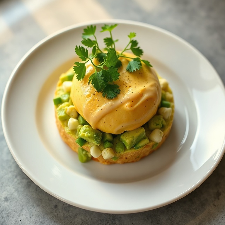 A single serving of creamy avocado egg salad. Cilantro on top. A white porcelain plate. Warm side lighting. Photorealistic style.