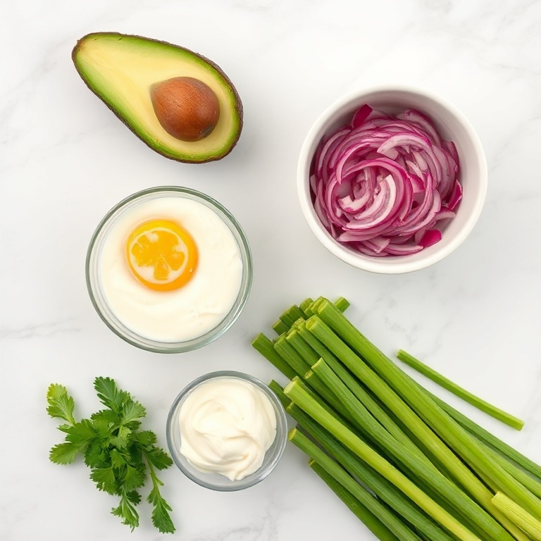 A flat lay of egg, avocado, mayonnaise, celery, and red onion. Measuring cups and bowls visible. White marble surface. Bright even light. Photorealistic style.