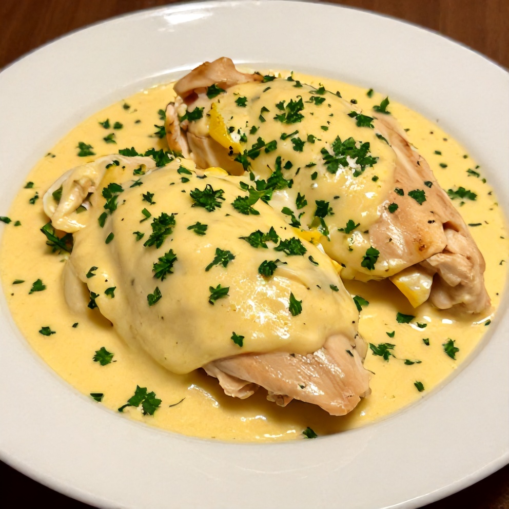 Plated serving of creamy baked lemon butter chicken