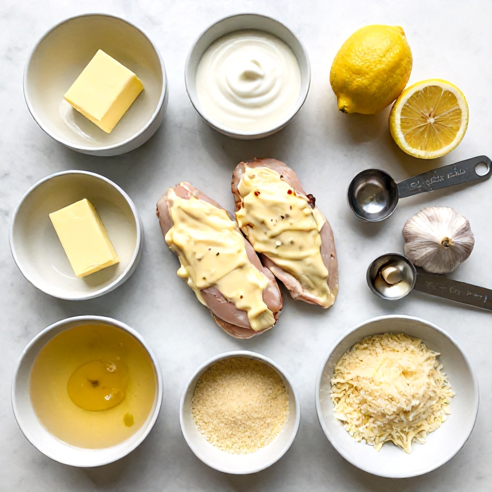 Raw ingredients for creamy baked lemon butter chicken