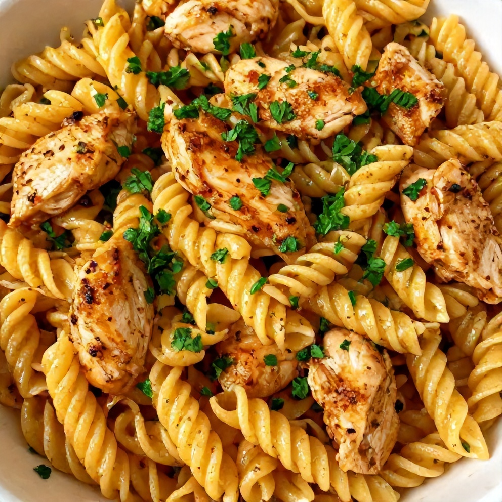 Plated Cajun Chicken Pasta with parsley garnish, close crop