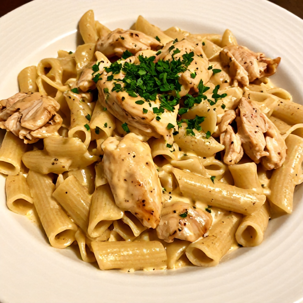 Plated Cajun Chicken Pasta with parsley garnish