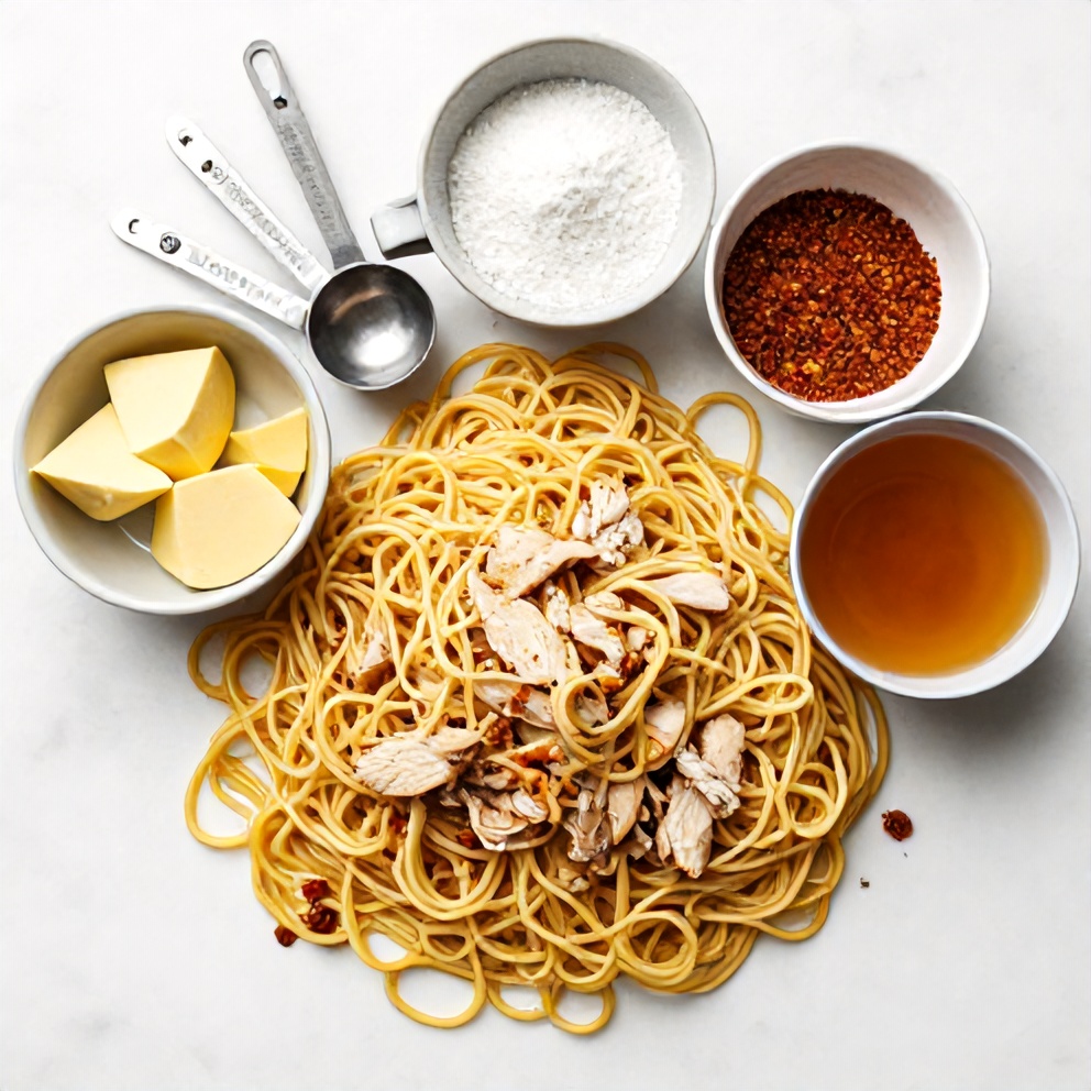 Raw ingredients for Cajun Chicken Pasta on a marble surface, bright light
