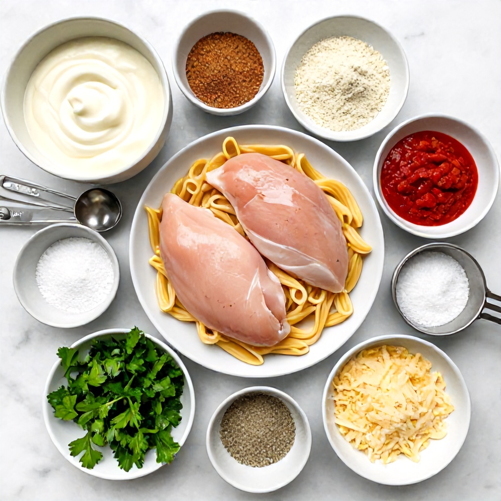 Raw ingredients for Cajun Chicken Pasta laid out