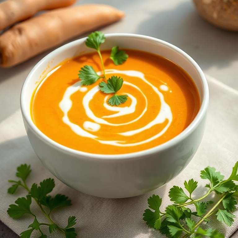 Creamy carrot ginger soup in a white bowl. Garnished with cilantro and a drizzle of coconut milk. Warm side lighting highlights texture. Photorealistic food photography.