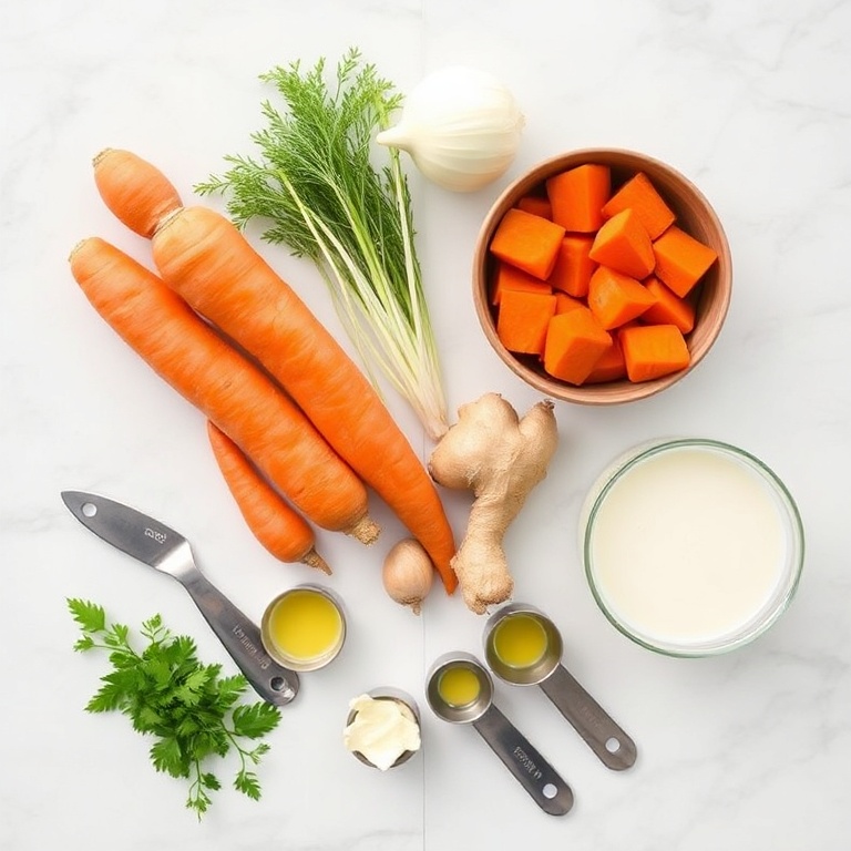 Raw ingredients for creamy carrot ginger soup. Carrots, ginger, onion, coconut milk, and garlic. Measuring spoons and bowls on white marble surface. Bright even light.