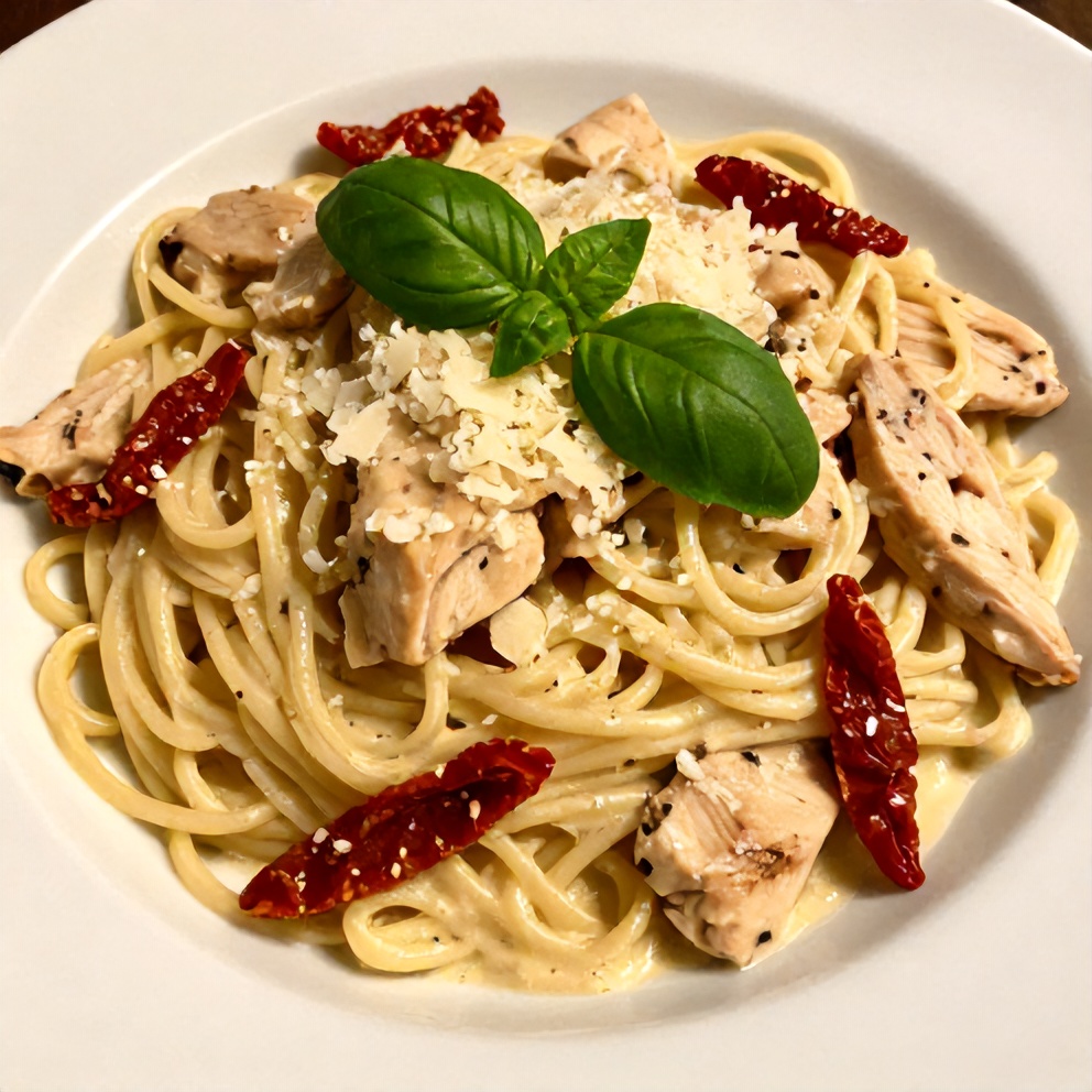 Plated Creamy Chicken Pasta with Sun-Dried Tomatoes
