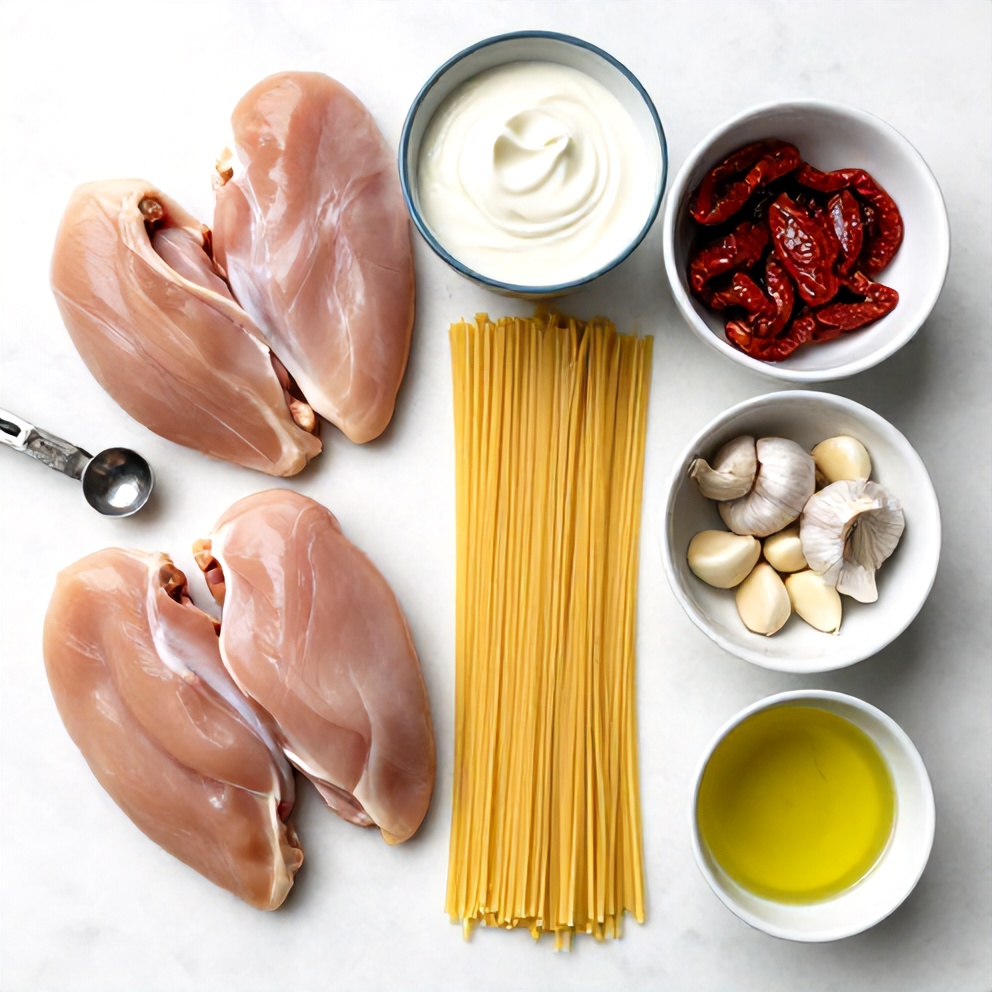 Raw Ingredients for Creamy Chicken Pasta with Sun-Dried Tomatoes
