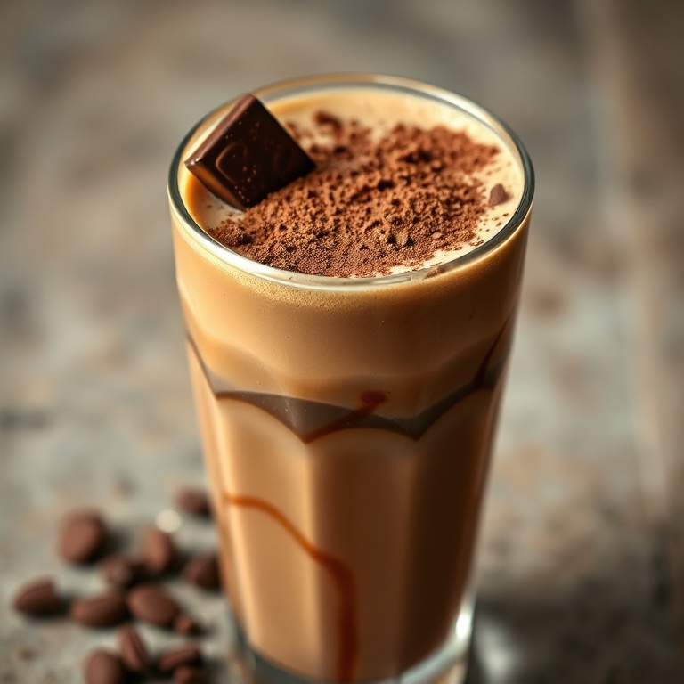 A creamy chocolate coffee shake in a glass with a chocolate shard and a dusting of cocoa powder on top
