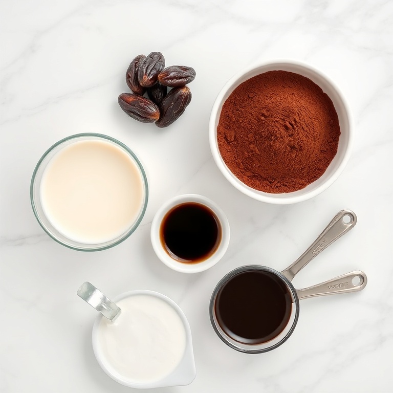 Raw ingredients for a creamy chocolate coffee shake: dates, coconut milk, cocoa powder, coffee, and a splash of vanilla extract