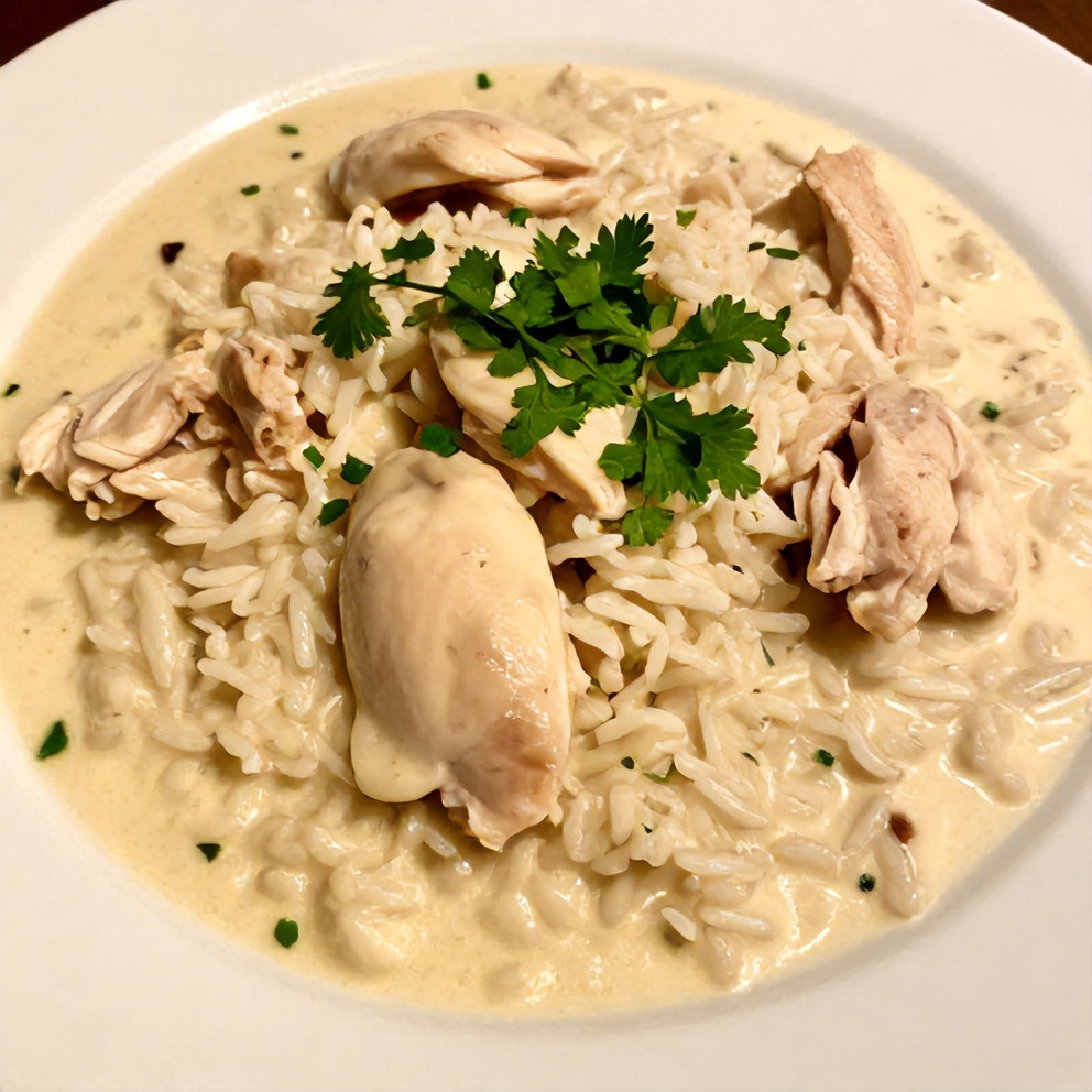 Coconut Chicken Brothy Rice plated with chopped cilantro