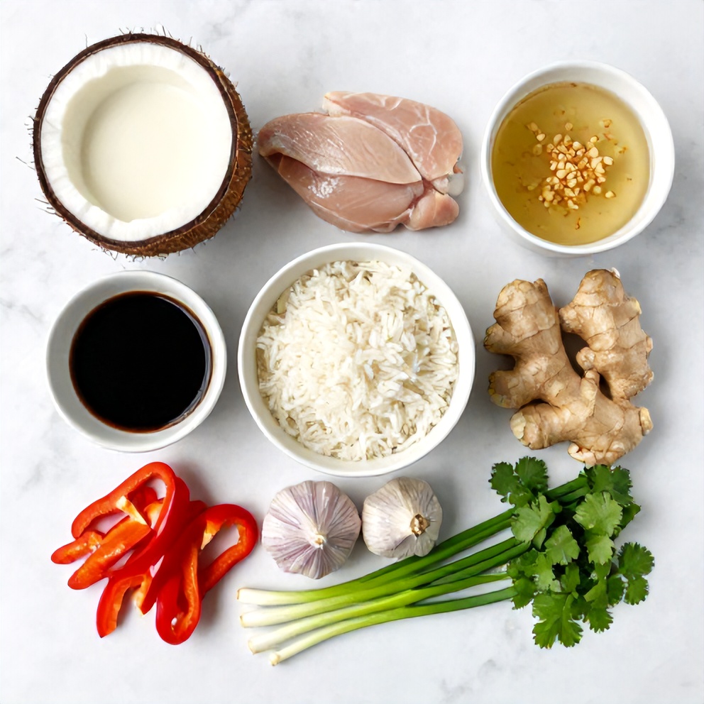 Raw ingredients for creamy coconut chicken brothy rice on a marble surface