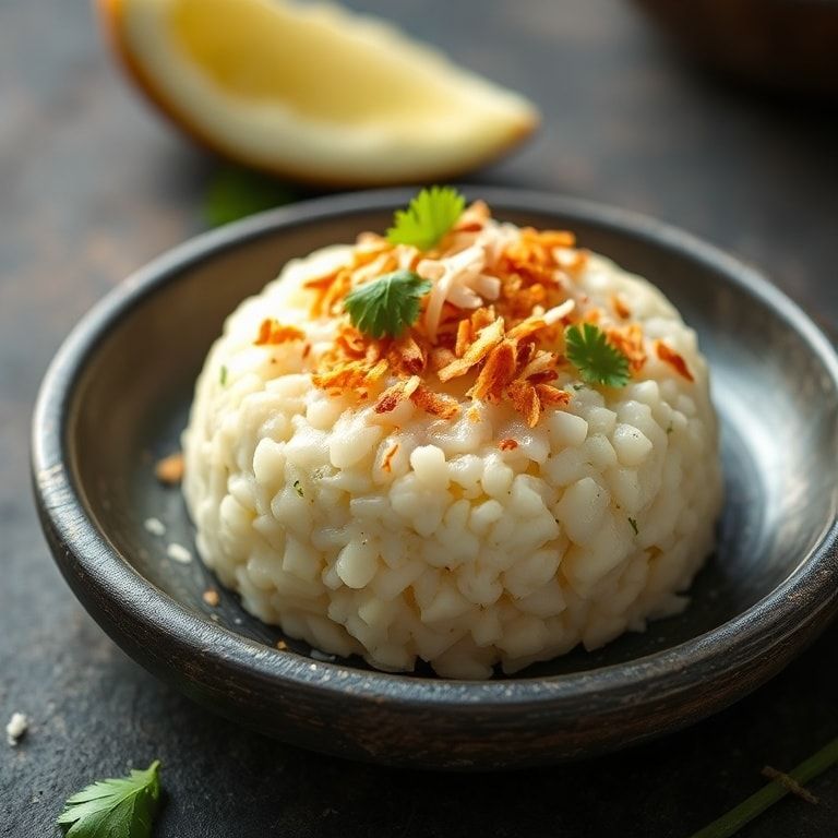 Finished creamy coconut rice cake plated with coconut flakes
