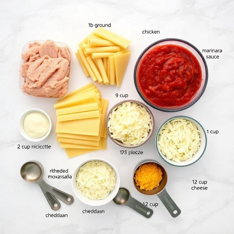Raw ingredients for Creamy Crack Chicken Lasagna laid out flat