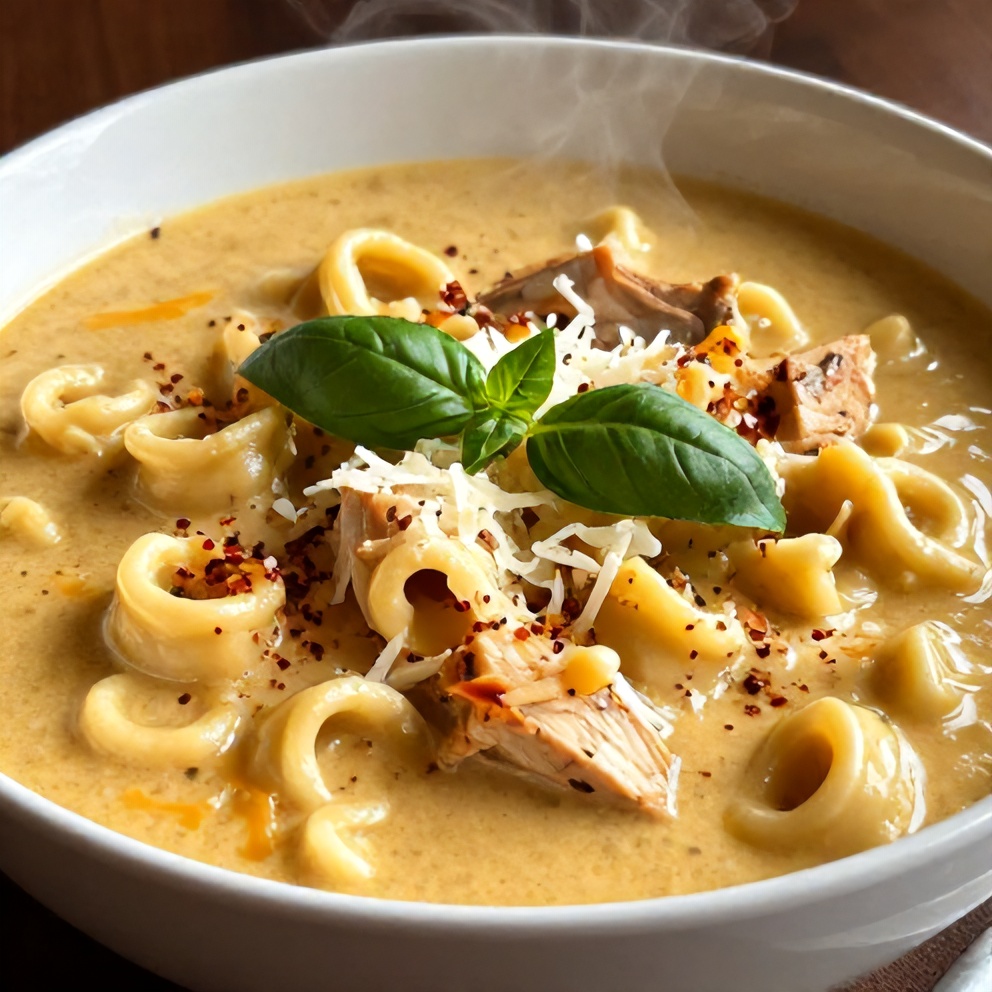 Plated serving of Creamy Crock Pot Chicken Parmesan Soup with Tortellini