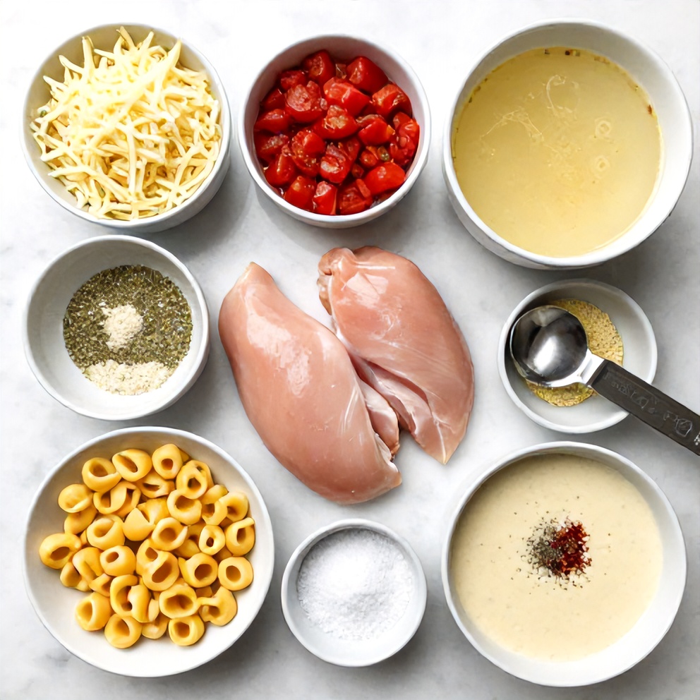 Raw ingredients for Creamy Crock Pot Chicken Parmesan Soup with Tortellini