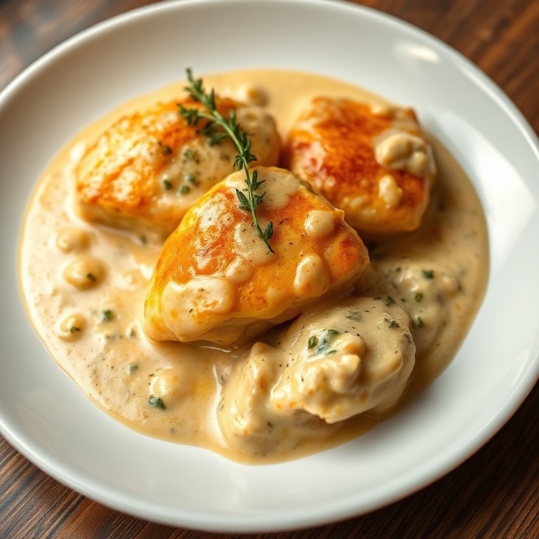 Golden chicken in a creamy sauce, garnished with fresh thyme on a white plate