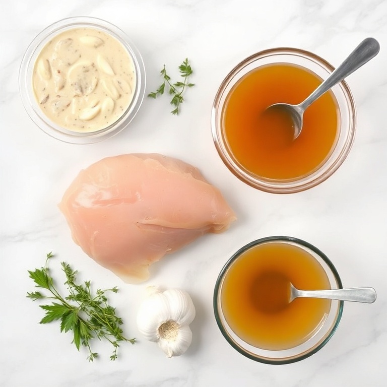Chicken breast, cream of mushroom soup, garlic, thyme, and chicken broth arranged in a flat lay