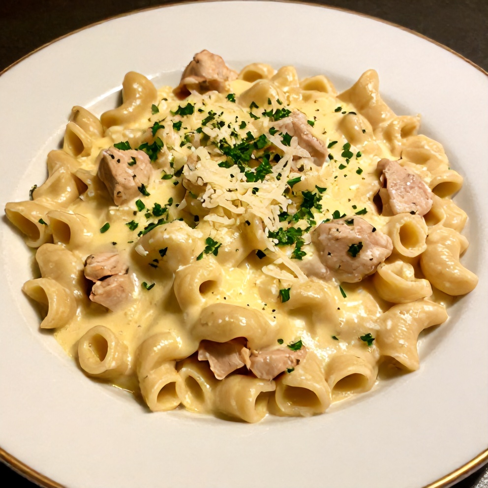 Creamy Crockpot Chicken Tortellini plated with parsley garnish