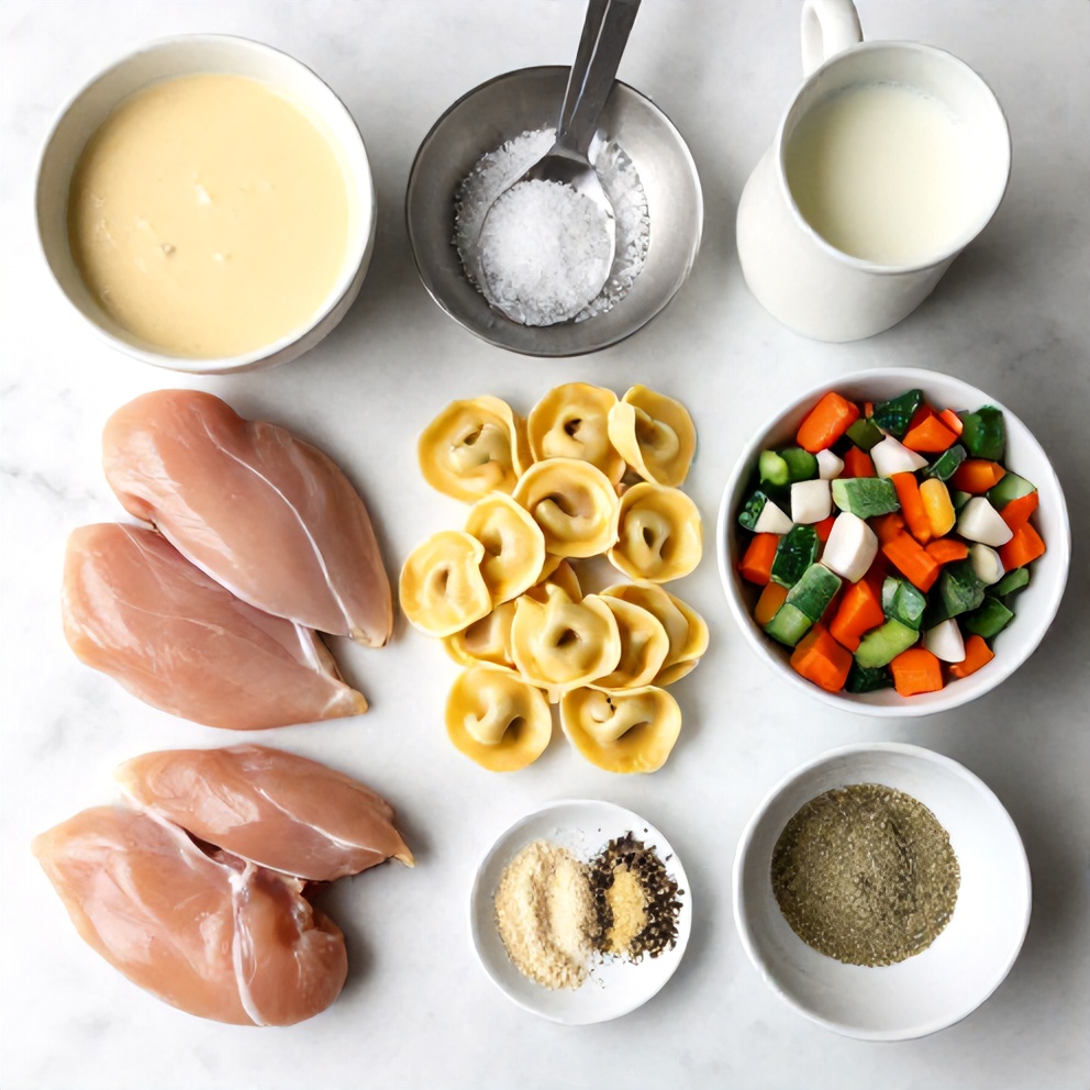 Creamy Crockpot Chicken Tortellini ingredients on a marble surface