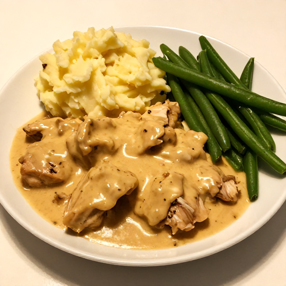 Plated creamy crockpot marry me chicken with mashed potatoes and green beans