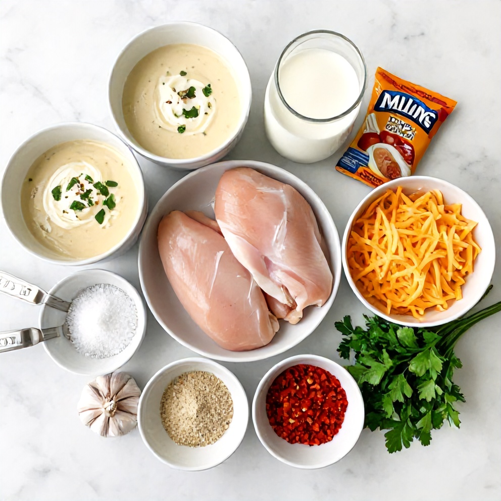 Raw ingredients for creamy crockpot marry me chicken on a marble counter