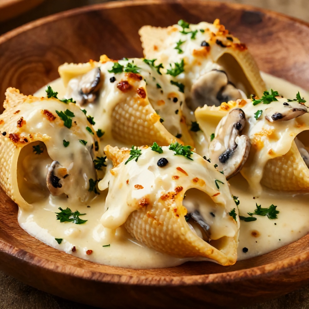 A plated serving of Creamy Garlic Mushroom Stuffed Shells, garnished with fresh parsley, on a rustic wooden plate