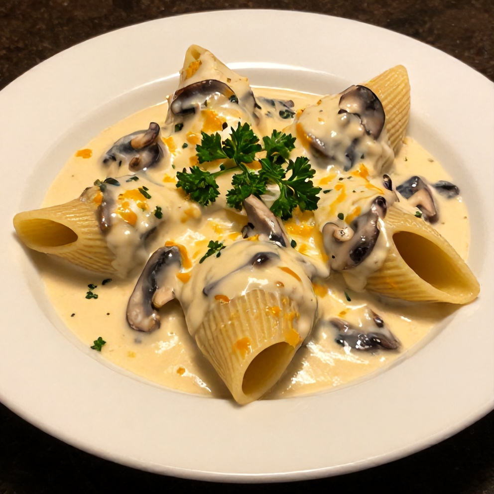 Plated Creamy Garlic Mushroom Stuffed Shells