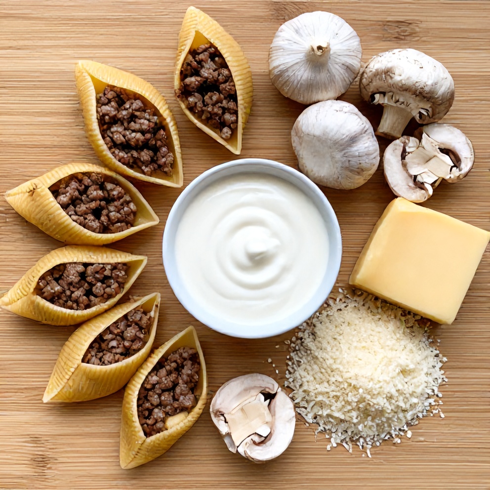 Raw ingredients for Creamy Garlic Mushroom Stuffed Shells: jumbo pasta shells, ground beef, mushrooms, garlic, heavy cream, mozzarella cheese, parmesan cheese, and seasonings laid out on a wooden surface