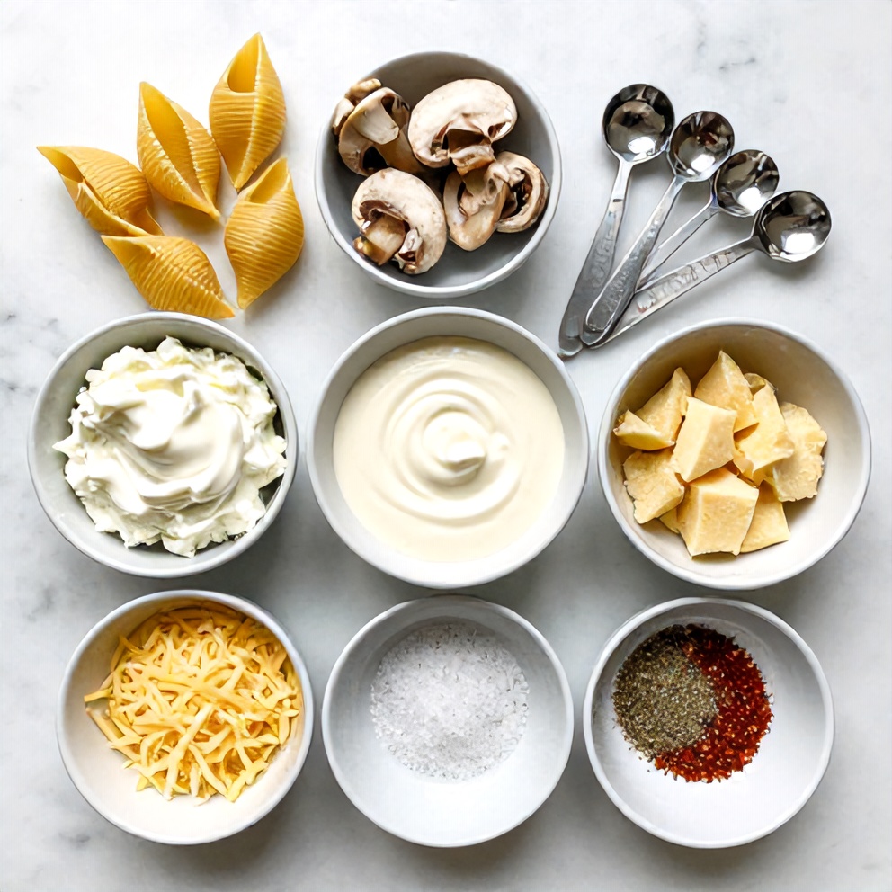 Raw Ingredients for Creamy Garlic Mushroom Stuffed Shells