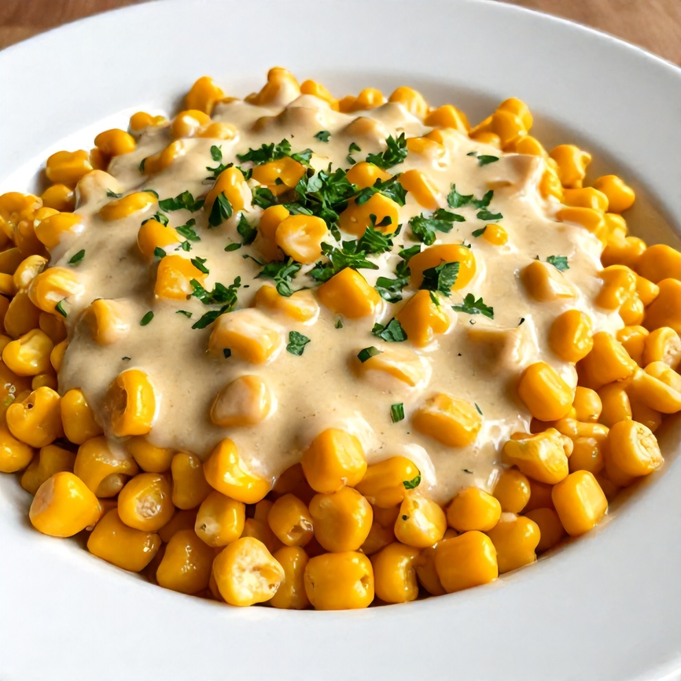 A serving of Creamy Jalapeño Popper Corn Casserole plated on a white dish, garnished with fresh parsley.