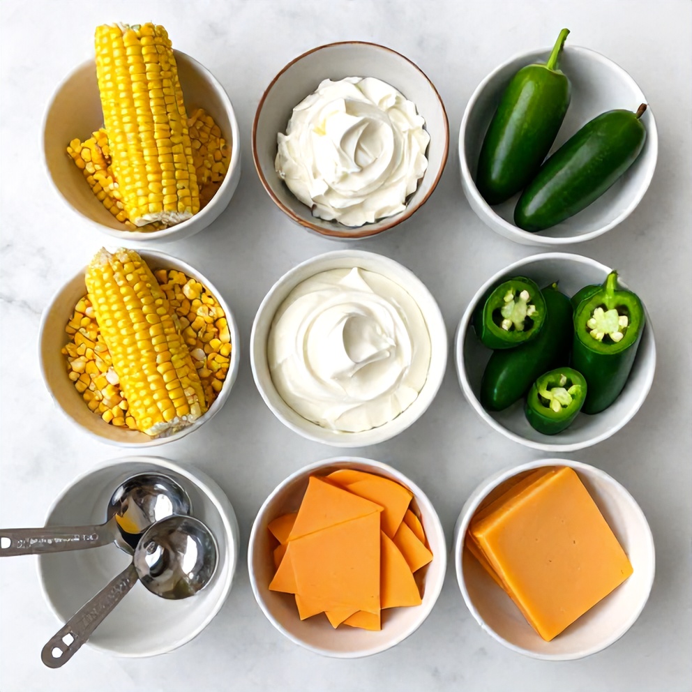Raw ingredients for Jalapeño Popper Corn Casserole arranged in a flat lay, including corn, cream cheese, jalapeños, and cheddar cheese.