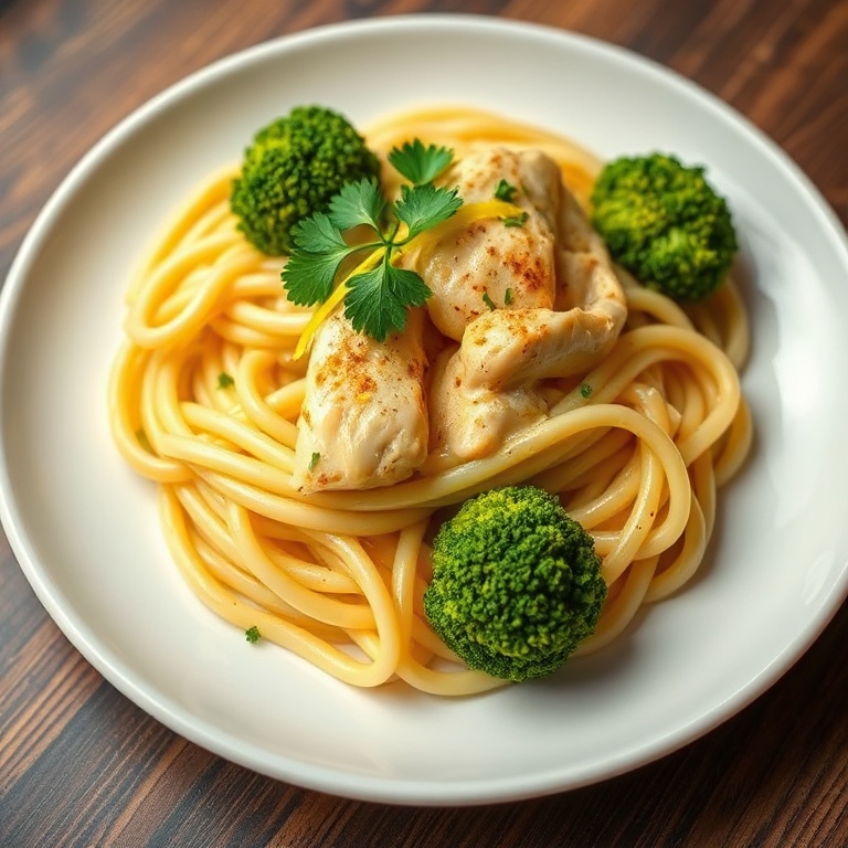 Perfectly plated Lemon Butter Chicken Pasta with broccoli. Topped with fresh parsley and lemon zest on a white ceramic plate.