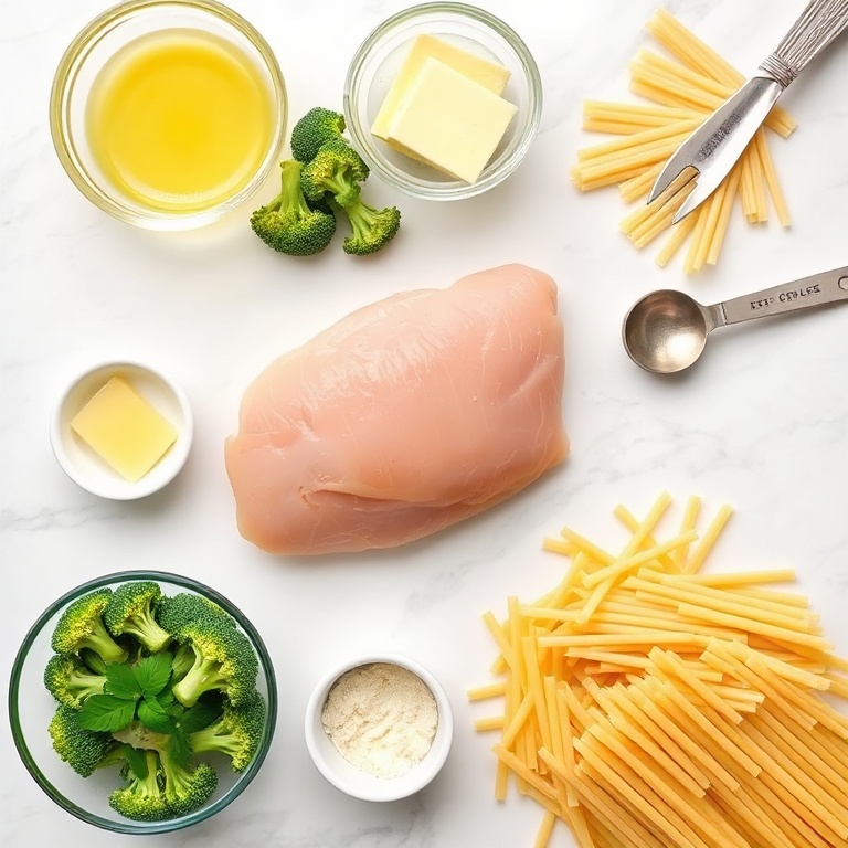 Raw ingredients for Lemon Butter Chicken Pasta. Chicken breast, broccoli, butter, lemon, garlic, and pasta arranged in a flat lay.
