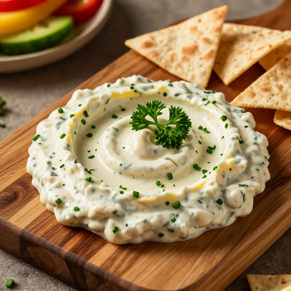 One perfect serving of creamy lemon herb white bean dip plated on a rustic wooden board, garnished with fresh parsley and chives, ready to be served with pita chips or veggies.